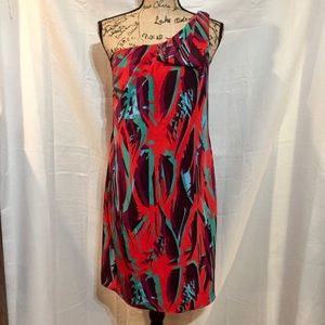 EUC One shoulder printed silk dress BCBG Maxazria